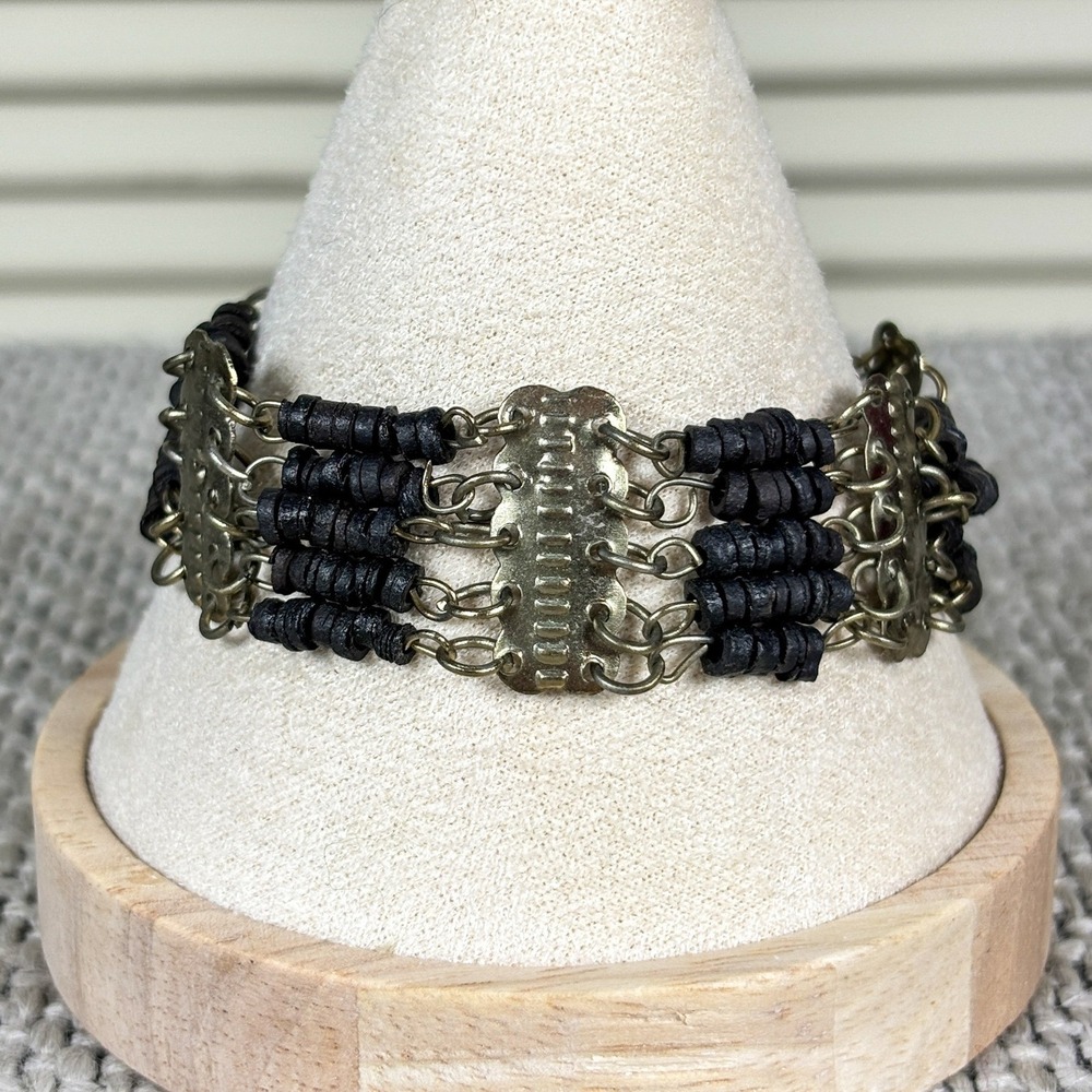 Vintage Moroccan Boho Black Wood Silver Bead Multi Strand Pin Closure Bracelet